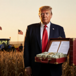 President Trump standing confidently with a red leather briefcase filled with cash amid golden cornfields