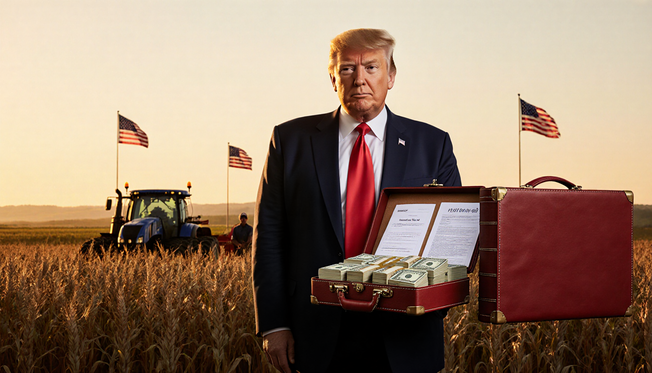 President Trump standing confidently with a red leather briefcase filled with cash amid golden cornfields