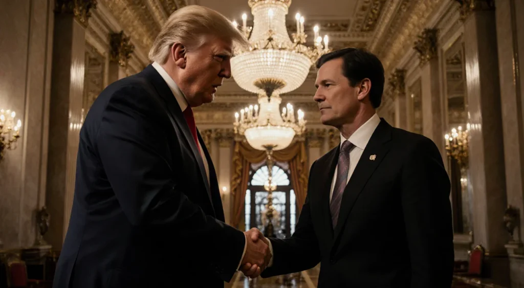 Donald Trump and a BBC executive shaking hands with dramatic lighting and opulent BBC headquarters backdrop
