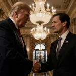 Donald Trump and a BBC executive shaking hands with dramatic lighting and opulent BBC headquarters backdrop