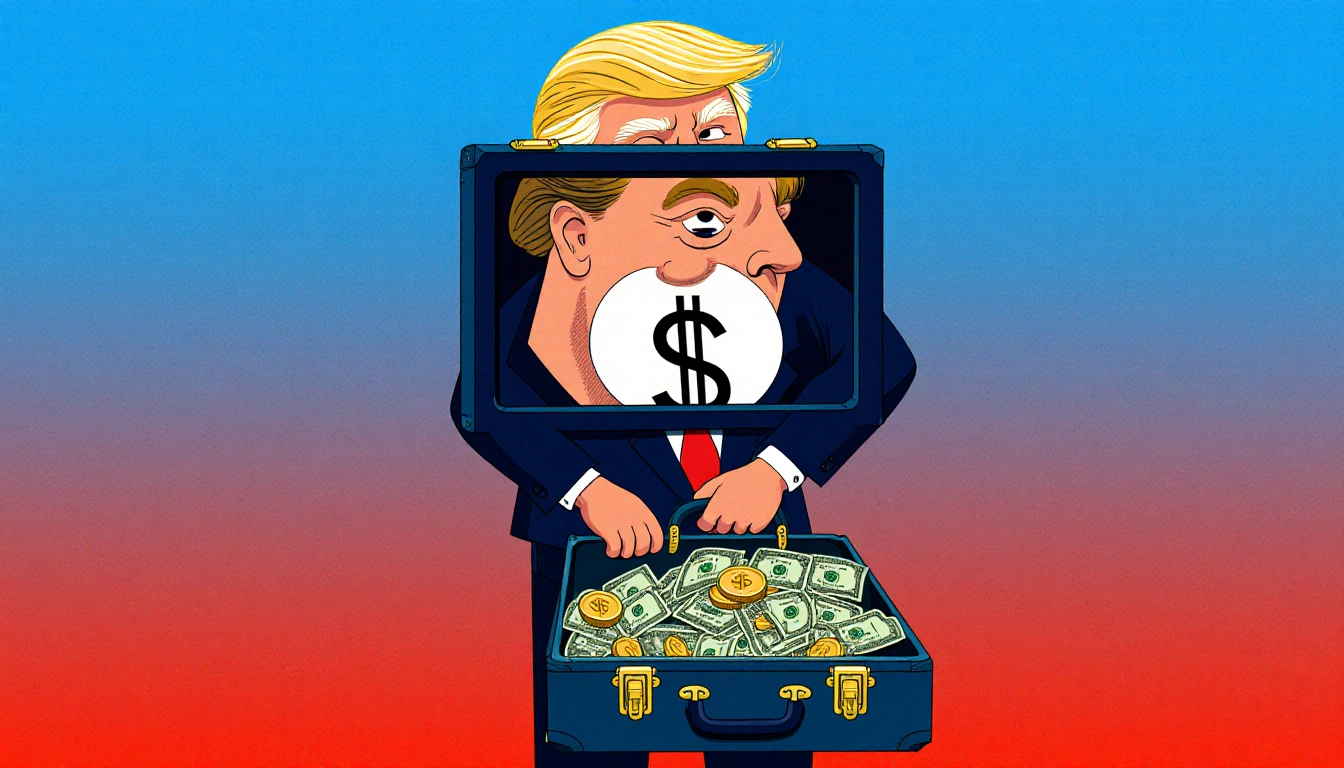 Person holding briefcase with $2,000 and coins spilling out and Trump hint through window with background red to blue