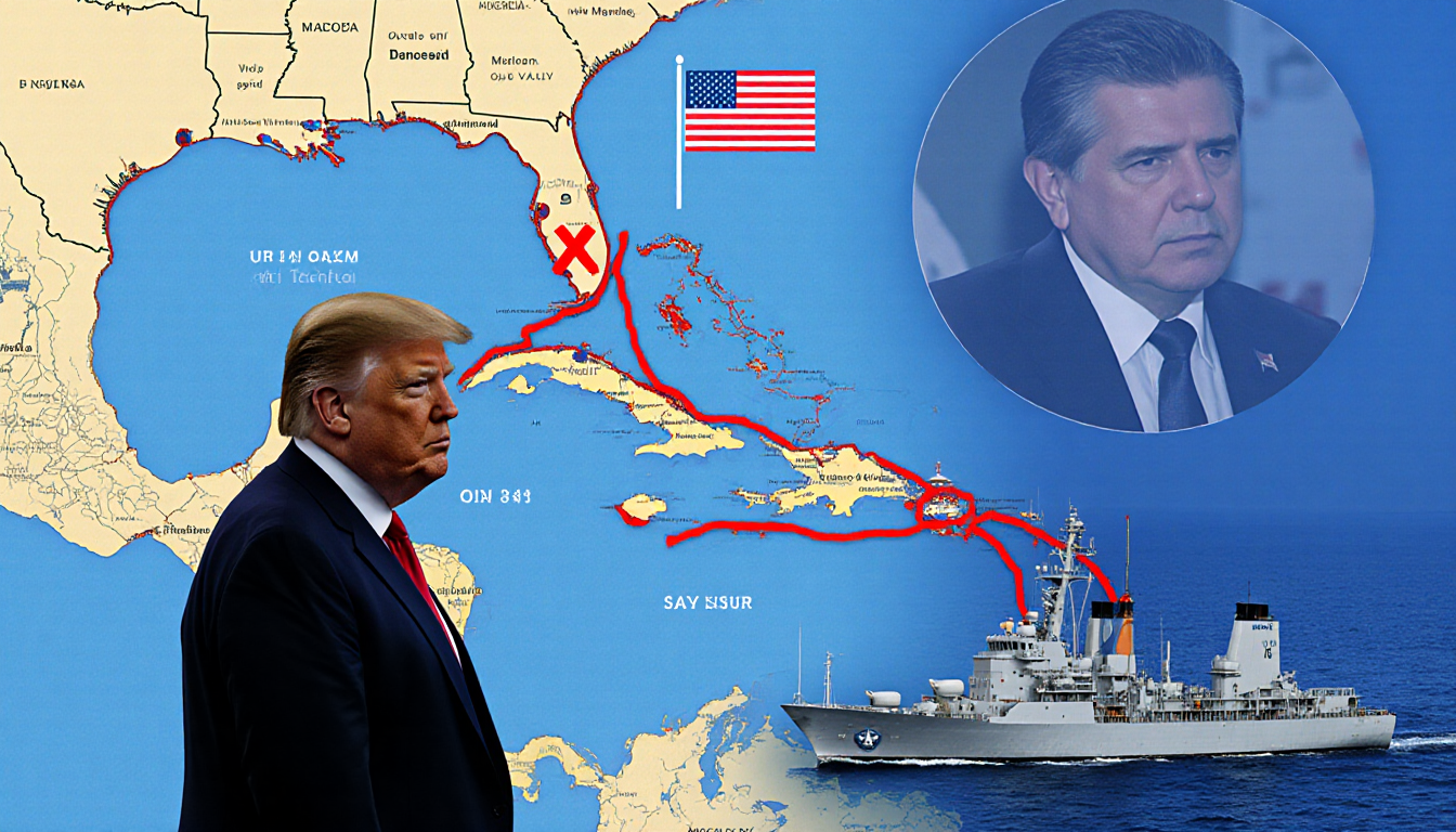 President Trump standing before a Caribbean map with a red line and a faint X through Maduro’s silhouette.