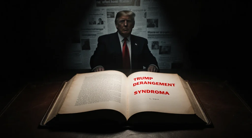 Spotlight shines on open leather‑bound book with red text TRUMP DERANGEMENT SYNDROME and a Trump silhouette in shadows