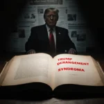 Spotlight shines on open leather‑bound book with red text TRUMP DERANGEMENT SYNDROME and a Trump silhouette in shadows
