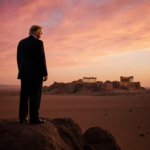 President Trump standing on rocky outcrop watching desert at dusk with golden sky and distant Palmyra outline