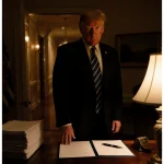 President Trump standing before a wooden desk with papers and a pen glowing lamp light and White House hallway in background
