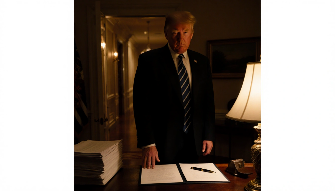 President Trump standing before a wooden desk with papers and a pen glowing lamp light and White House hallway in background