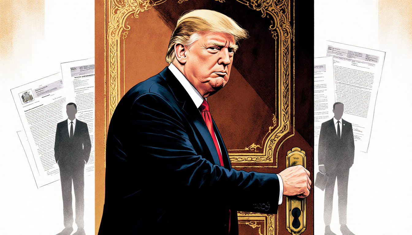 Trump standing confidently with hand on ornate doorknob and a keyhole while faint outlines of firings and lawyers appear in b