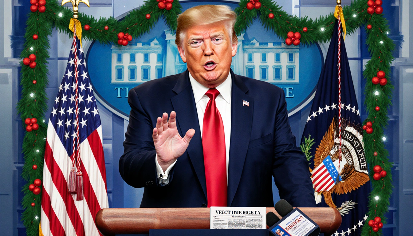 Donald Trump speaking to reporters with a playful smile and hand gestures beside a festive Christmas tree and faint 2020 elec