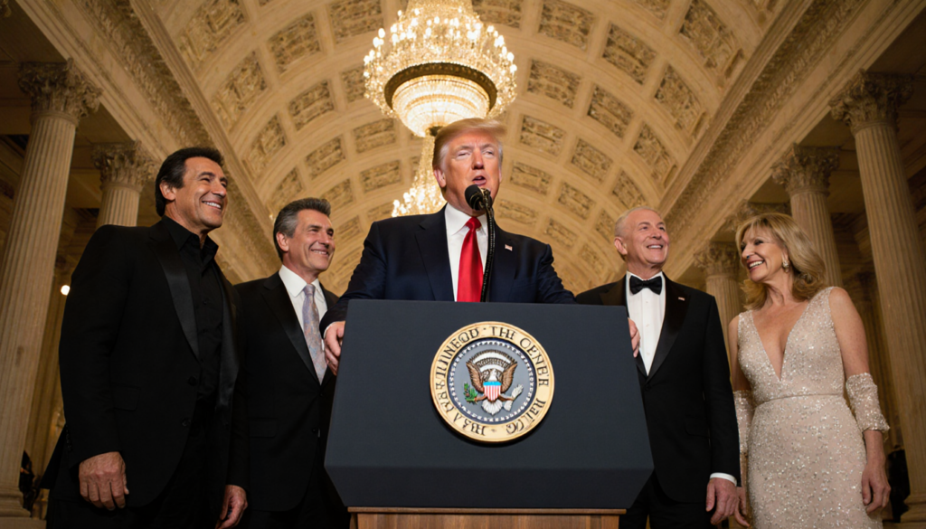 President Donald Trump standing at podium with Sylvester Stallone Paul Simon and Barbra Streisand near Kennedy lobby.