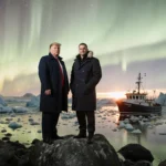 Donald Trump and Jeff Landry stand on an icy shore with a small boat docked and the Northern Lights above.