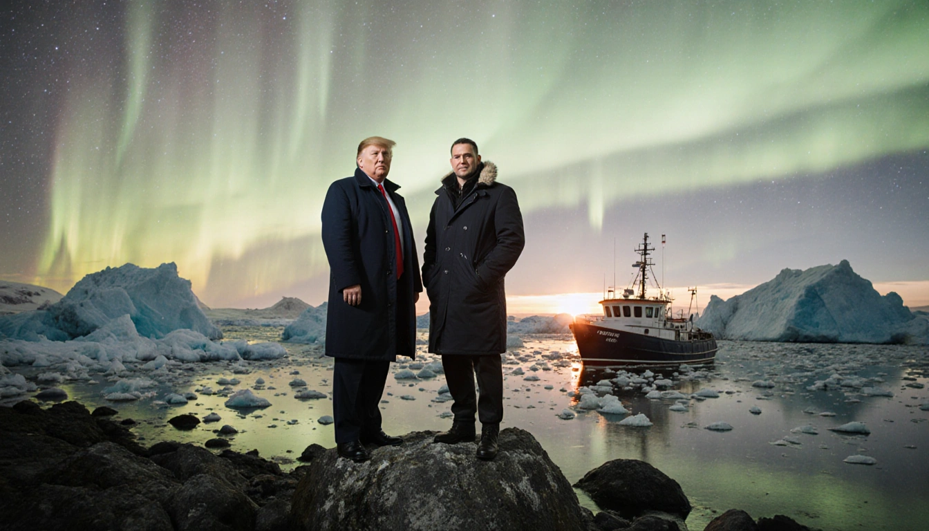 Donald Trump and Jeff Landry stand on an icy shore with a small boat docked and the Northern Lights above.