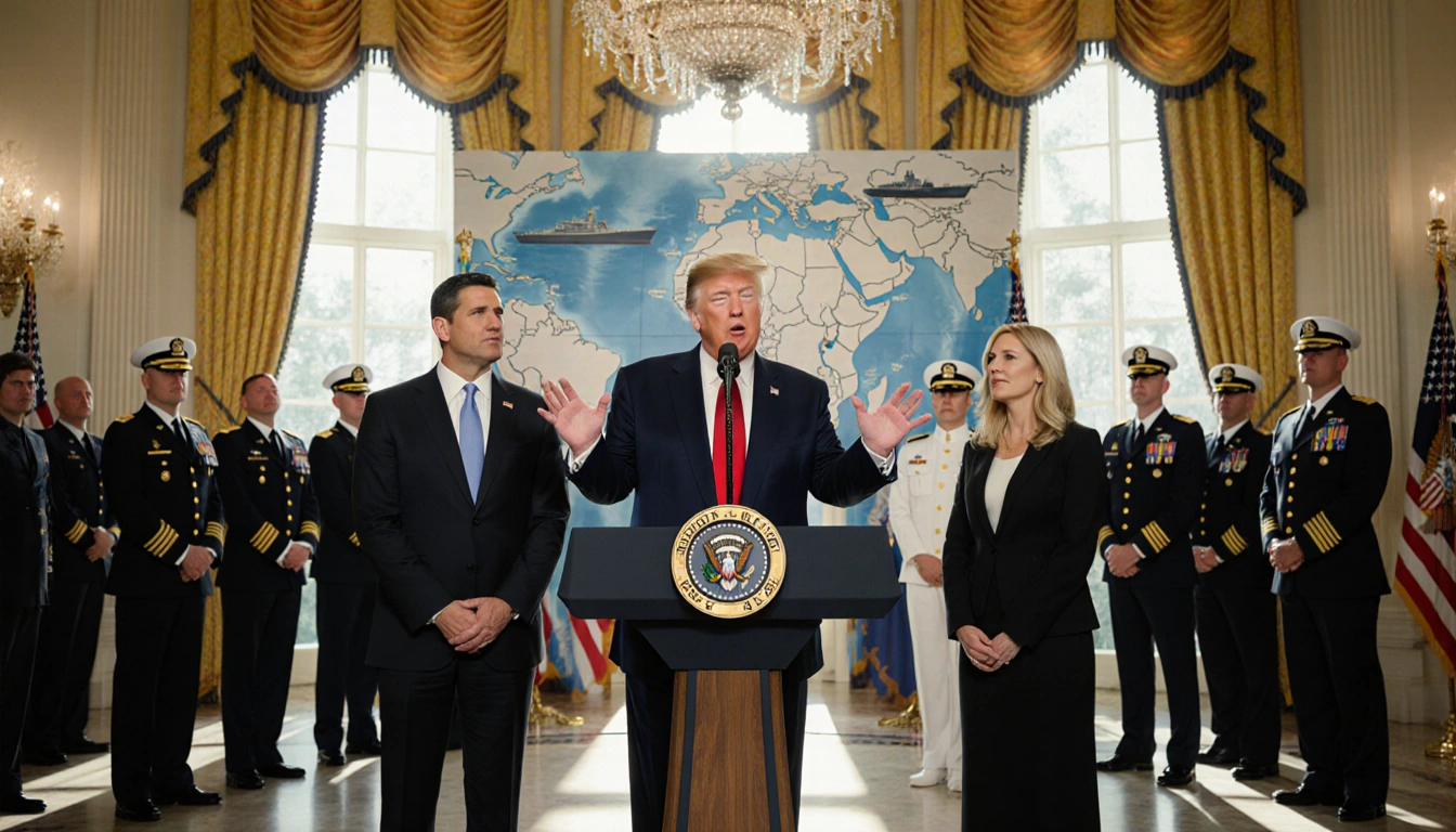 President Trump speaking at podium with Senator Rubio and Governor Hegseth beside him and navy officers nearby Venezuelan map