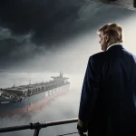 President Trump stands on a navy ship bridge with a spotlight and a shadow as broken oil tanker lies in fog near Venezuela