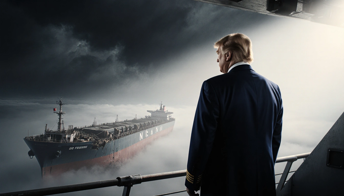 President Trump stands on a navy ship bridge with a spotlight and a shadow as broken oil tanker lies in fog near Venezuela