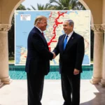 President Donald Trump and Prime Minister Benjamin Netanyahu stand together under a sun‑lit gazebo with hand extended, hopefu