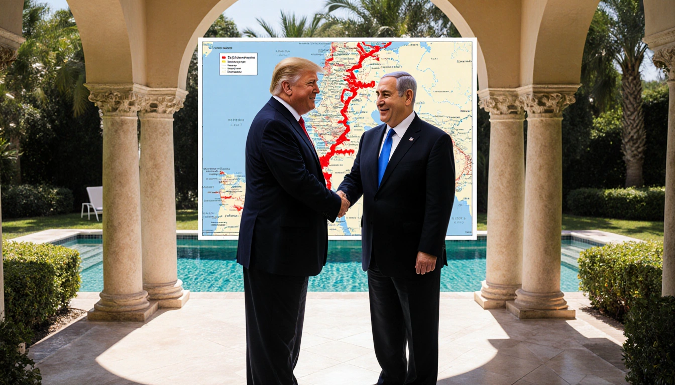 President Donald Trump and Prime Minister Benjamin Netanyahu stand together under a sun‑lit gazebo with hand extended, hopefu