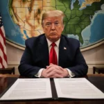 President Donald Trump sits reviewing vetoed pipeline bills with a dimly lit Oval Office and a southeast US map.