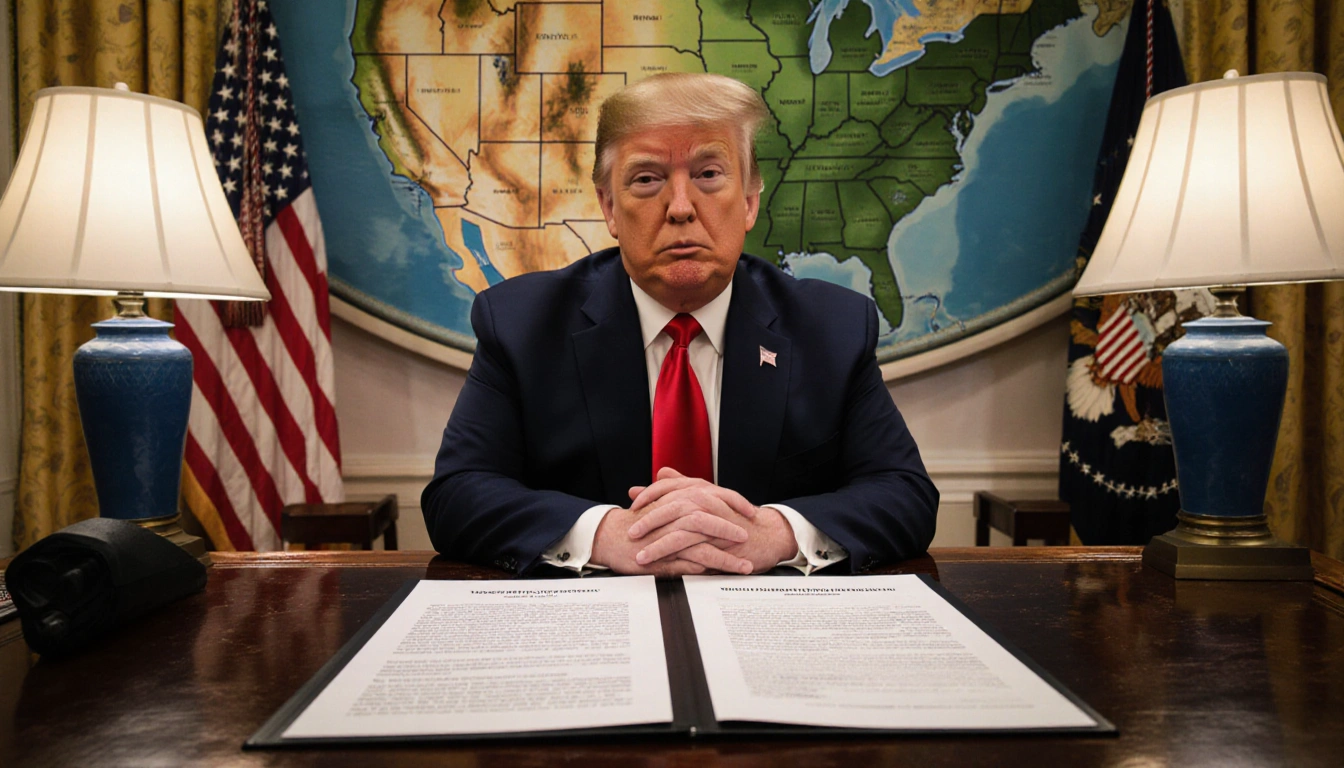 President Donald Trump sits reviewing vetoed pipeline bills with a dimly lit Oval Office and a southeast US map.