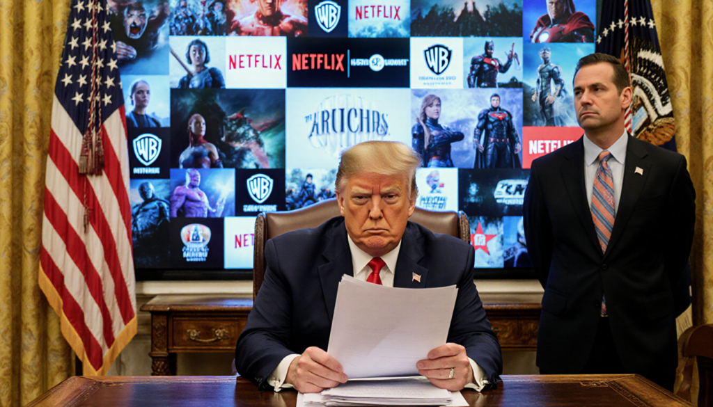 President Trump holds documents with a stern look while Ted Sarandos waits and a screen shows Warner Bros and Netflix logos