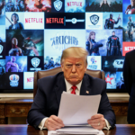 President Trump holds documents with a stern look while Ted Sarandos waits and a screen shows Warner Bros and Netflix logos