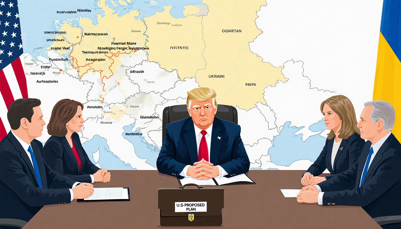 Donald Trump sits at table negotiating with officials with map of Eastern Europe behind and briefcase labeled U.S. plan.