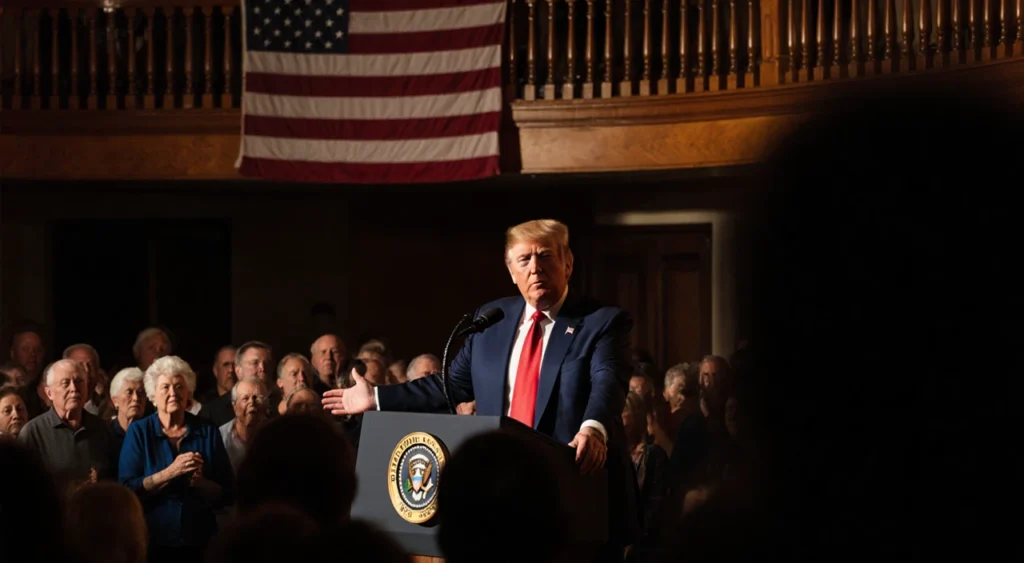 Trump speaking at podium with an American flag backdrop and an older working‑class crowd in dimly lit hall