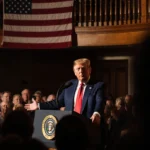 Trump speaking at podium with an American flag backdrop and an older working‑class crowd in dimly lit hall