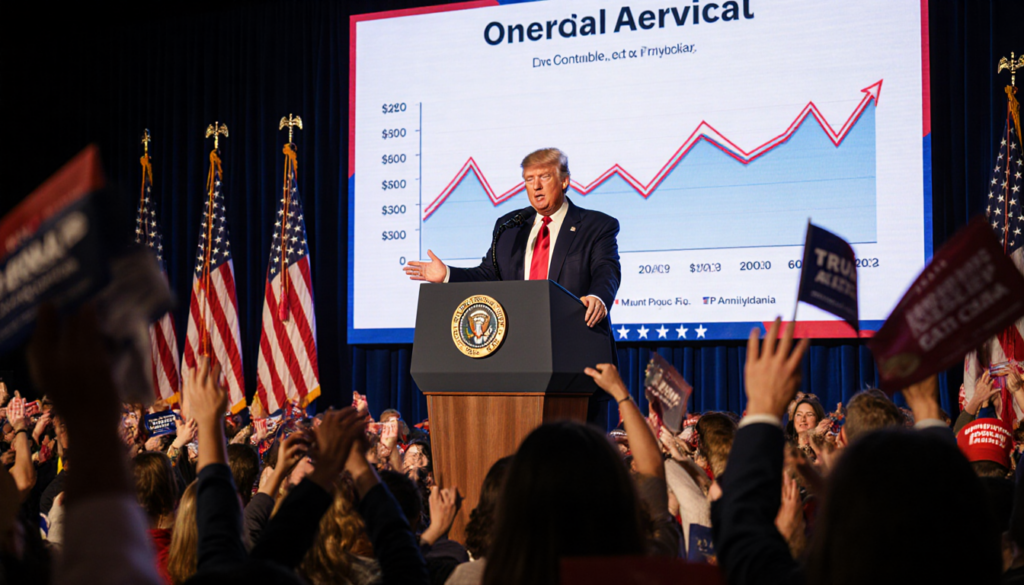 President Donald Trump speaking to crowd with American flag and growth graph behind him