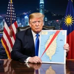 President Trump holding Taiwan map with red slash and flags waving beside neon Taipei skyline.