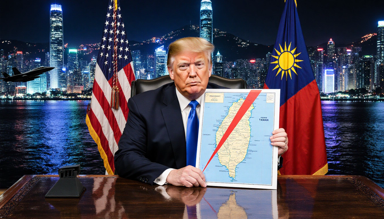 President Trump holding Taiwan map with red slash and flags waving beside neon Taipei skyline.