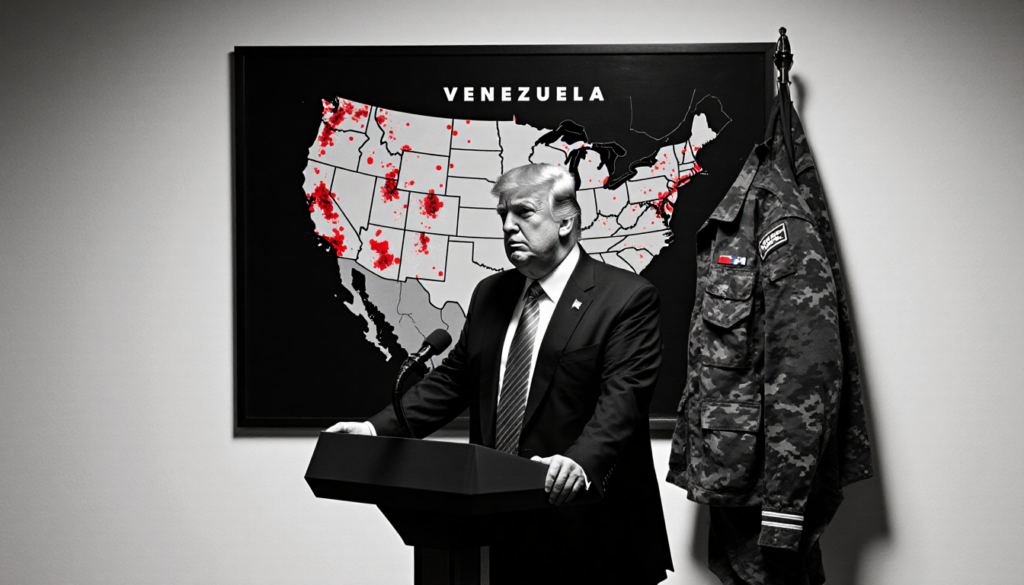 President Trump standing at podium with map of Venezuela showing red conflict markers and a crumpled U.S. military uniform ne