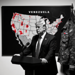 President Trump standing at podium with map of Venezuela showing red conflict markers and a crumpled U.S. military uniform ne