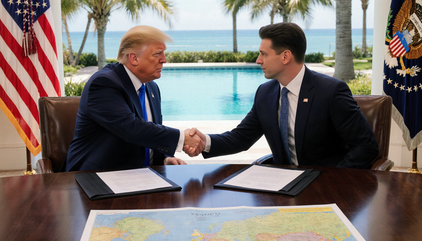 Trump shaking hands with Zelenskyy at table with maps documents near palm trees showing optimism for U.S.-Ukraine cooperation