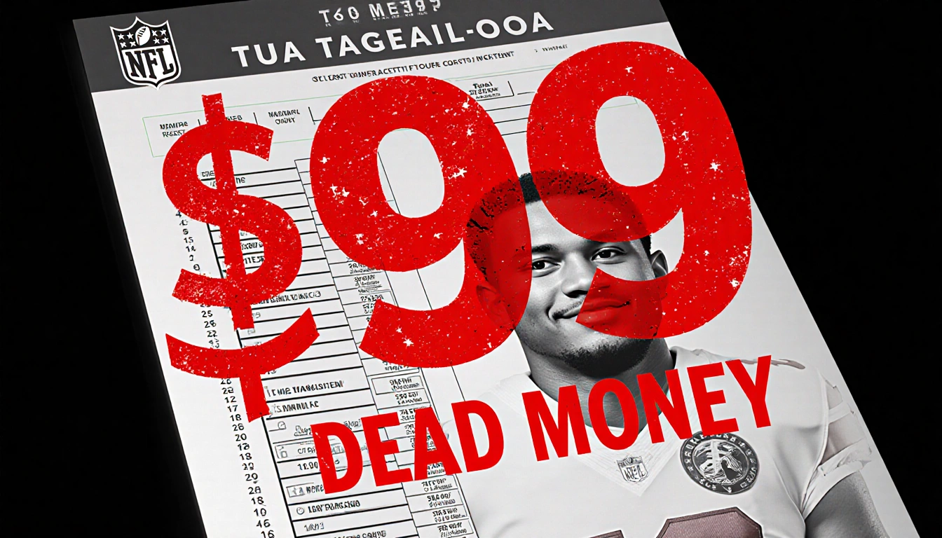 Red $99 million headline on NFL roster sheet with Dead Money tag and faint Tua Tagovailoa face financial burden in background
