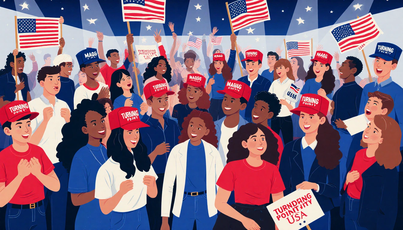 Young activists debating passionately with MAGA hats and Turning Point USA banners in an energetic room with American flags.