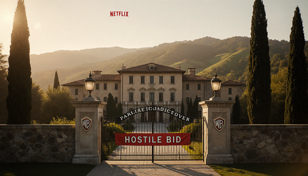 Paramount logo emblazoned on entrance gate with lush greenery in background.