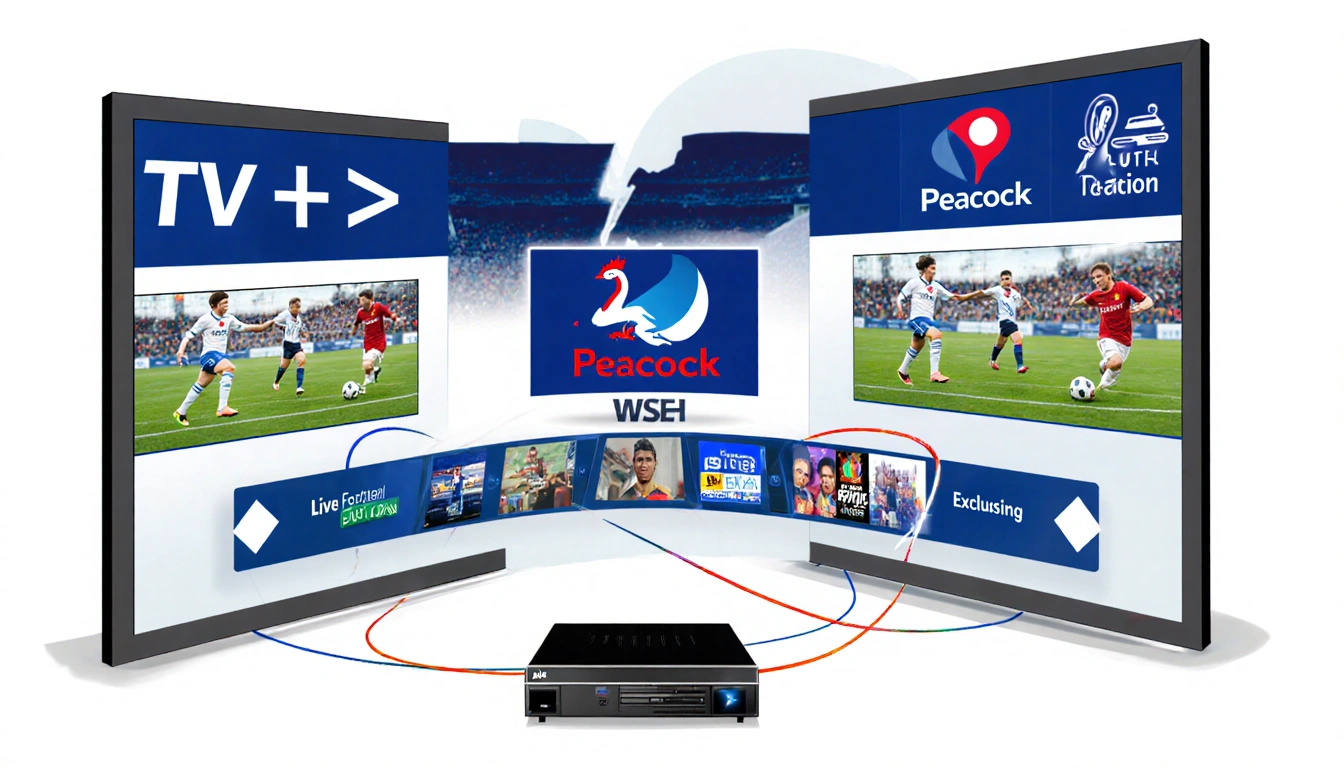 Television screens with network logos display live football with Peacock screen showing exclusive streaming content