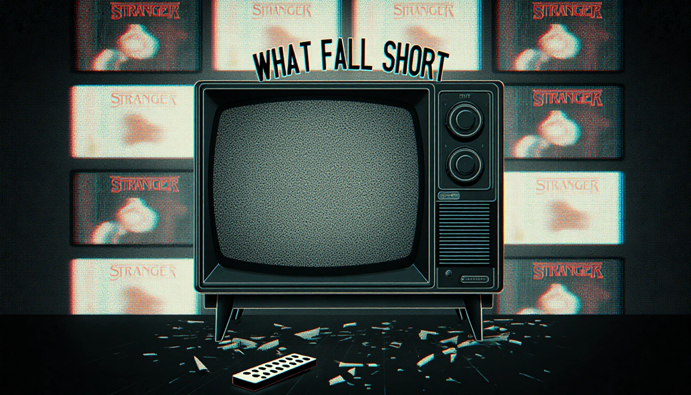 Static TV screen shows What Fell Short with broken remote at base amid fragmented Stranger Things background.