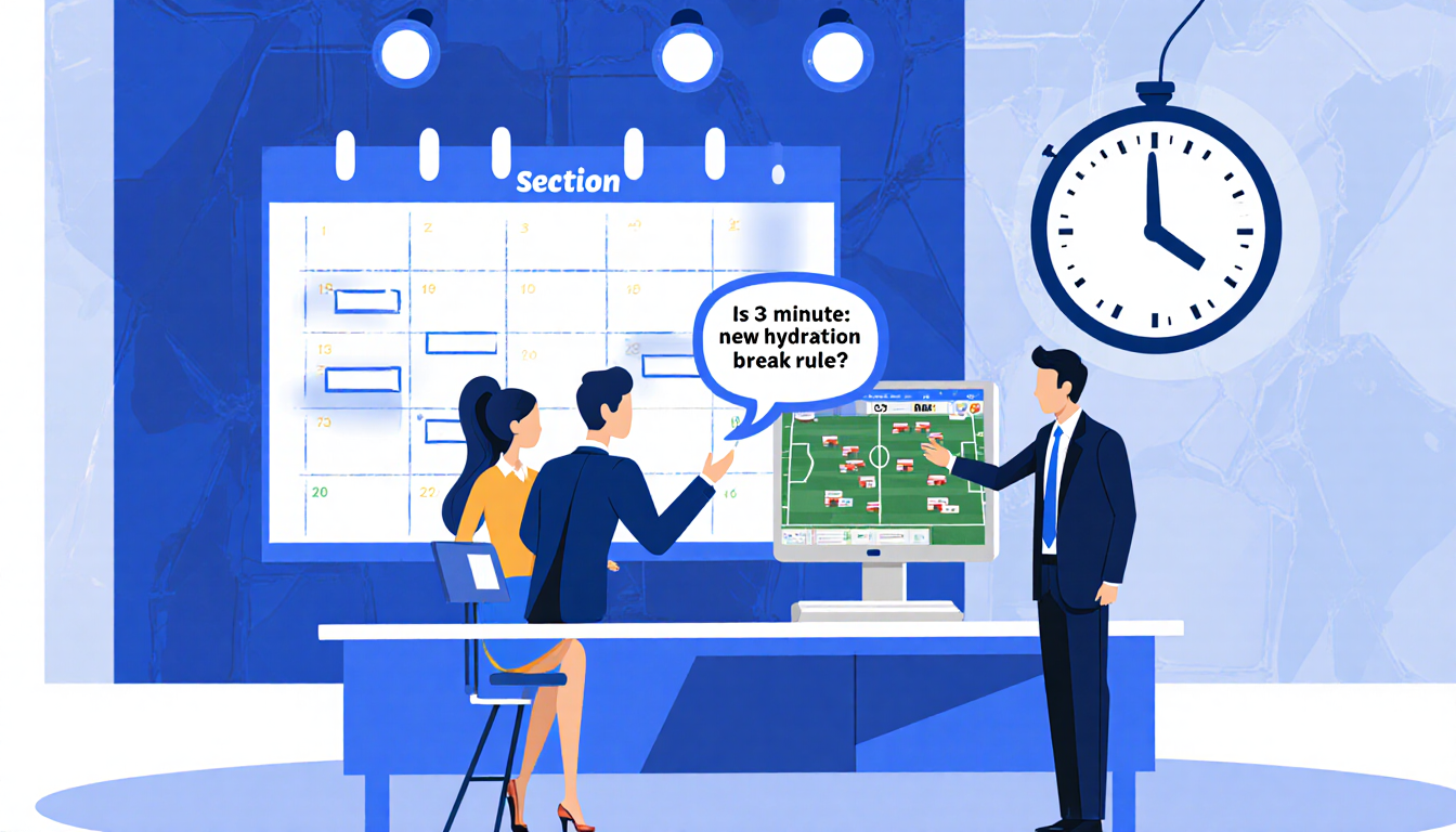 Director and producer look at clock with 3‑minute marks while video‑calling FIFA reps about hydration break WorldCup broadcas