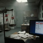 Monitor shows unpaid employee balances with FBI poster and crooked pay scale in low-lit studio