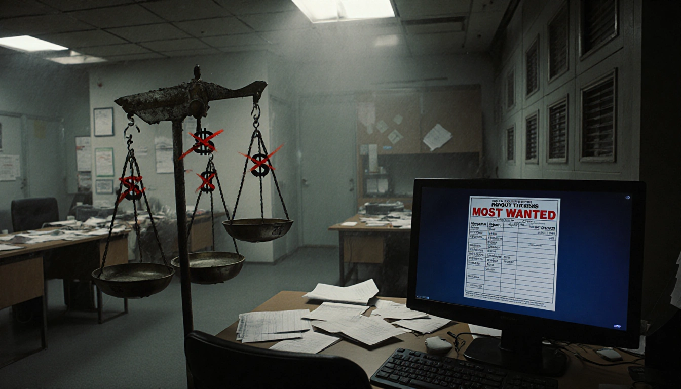 Monitor shows unpaid employee balances with FBI poster and crooked pay scale in low-lit studio