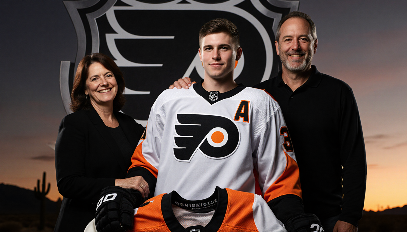 Ty Murchison stands triumphant in front of a Philadelphia Flyers logo with his parents beside him and a sunrise behind