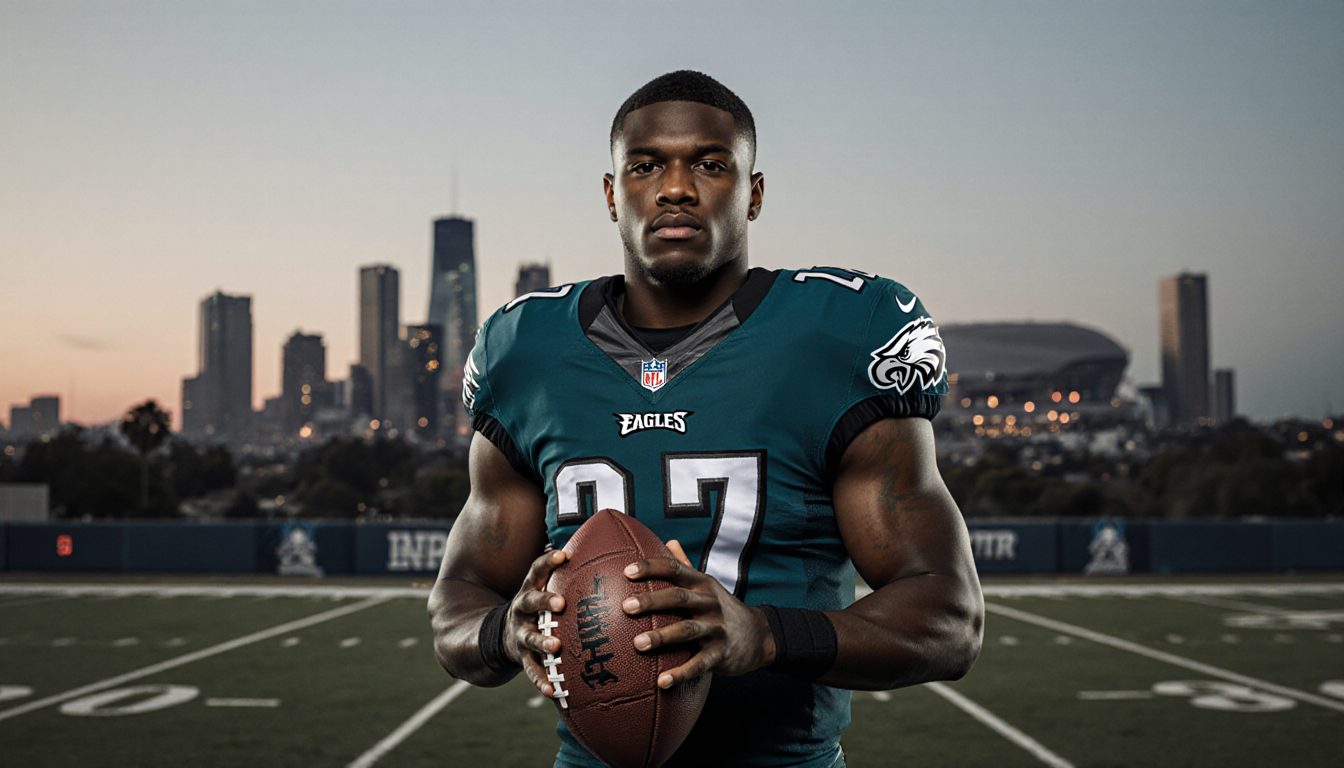 Ty Robinson standing with football on muted blue NFL field at dusk with blurred Los Angeles skyline and Eagles jersey.