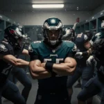Tyler Steen stands with arms crossed and focused face in a locker room with scattered football gear and teammates clashing.