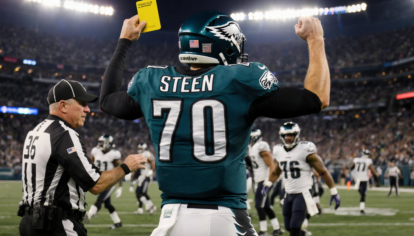 Tyler Steen Eagles football with 70 and arms up as referee hands him a yellow penalty card stadium lights shine