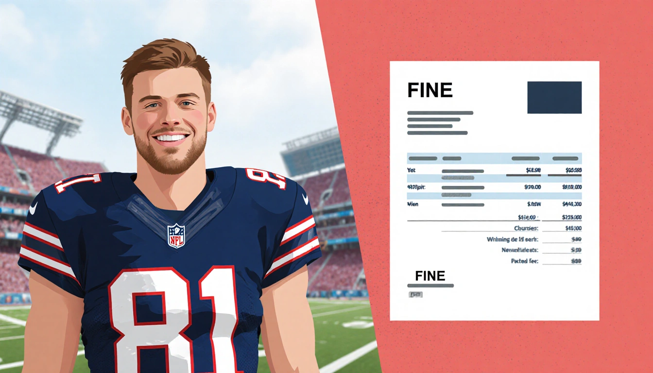 Tyler Steen standing in NFL uniform with smirk and ledger showing fine amount.