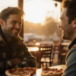 Tylor Chase sits across from Daniel Curtis Lee with pizza slices and a golden sunset glow showing gratitude and relief