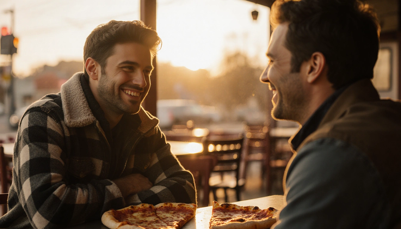 Tylor Chase sits across from Daniel Curtis Lee with pizza slices and a golden sunset glow showing gratitude and relief