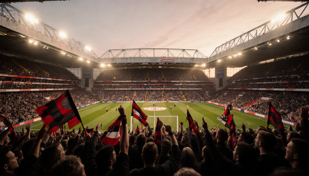 Fans wave red and black scarves with stadium floodlights and golden hour glow during Tyne Wear derby